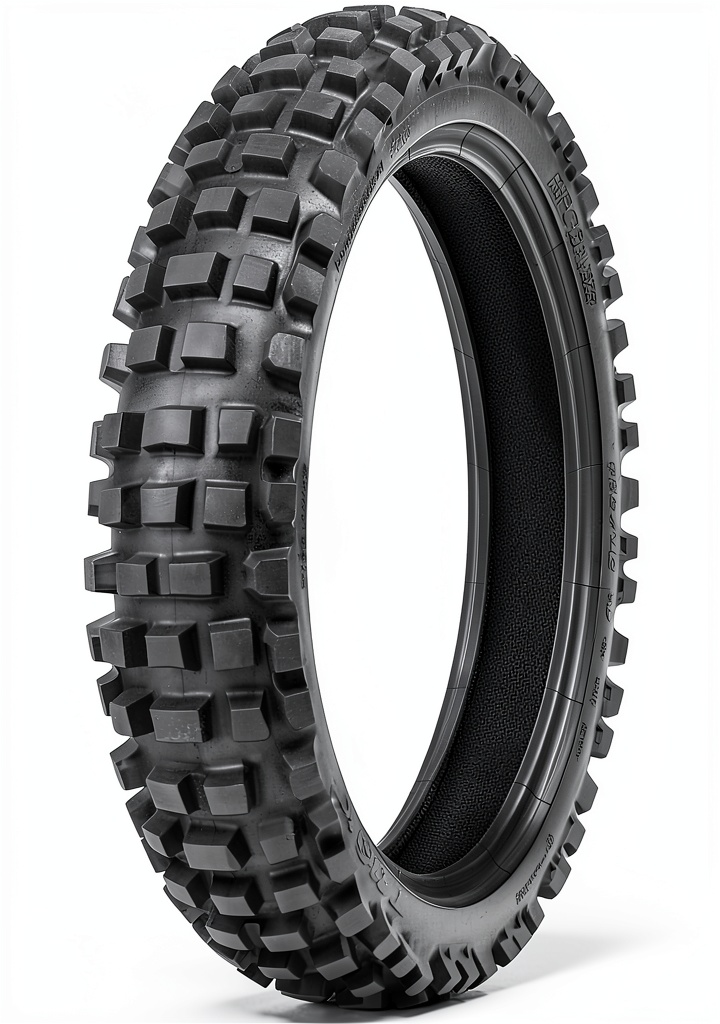 TUSK Recon tire mounted on a dual‑purpose motorcycle in a forest trail